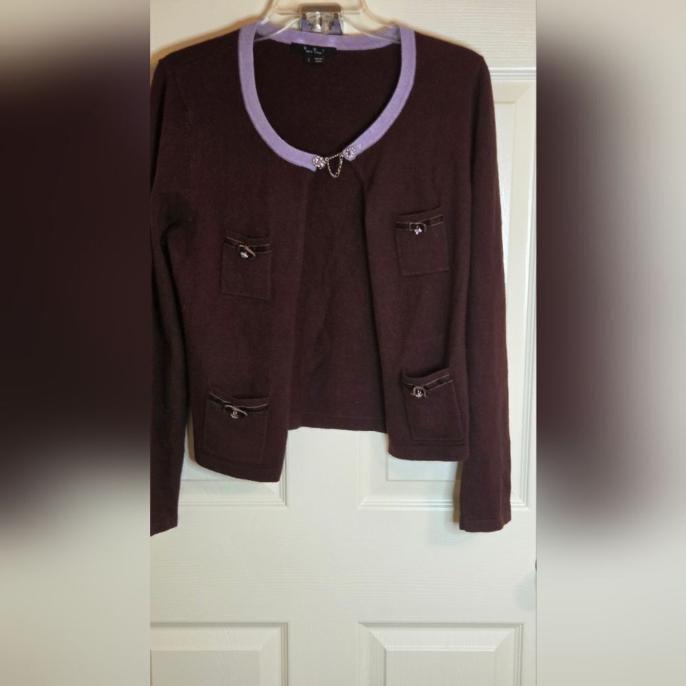 ECI New York L Brown Purple  SILK ANGORABlend Pockets Rheinstones Women Cardigan